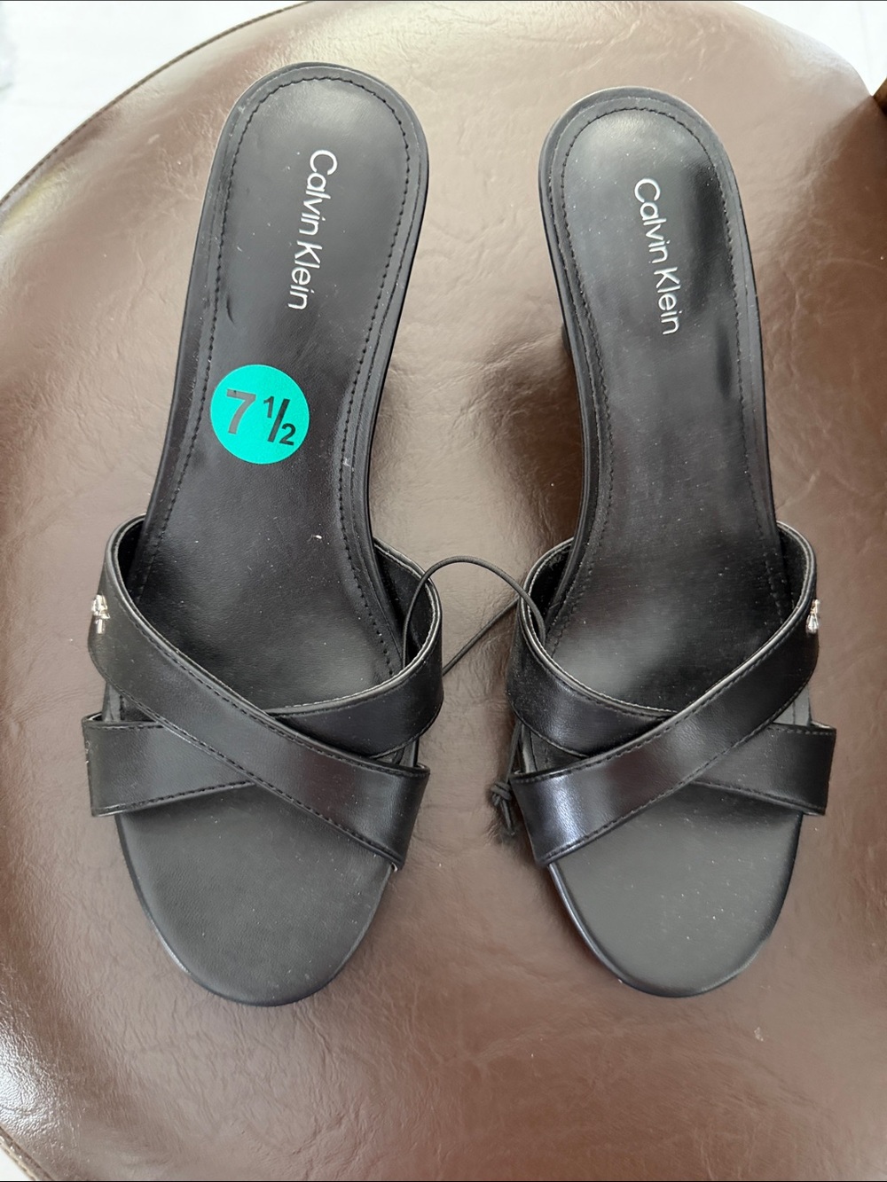 Calvin Klein Black Leather Crisscross Slide Mules